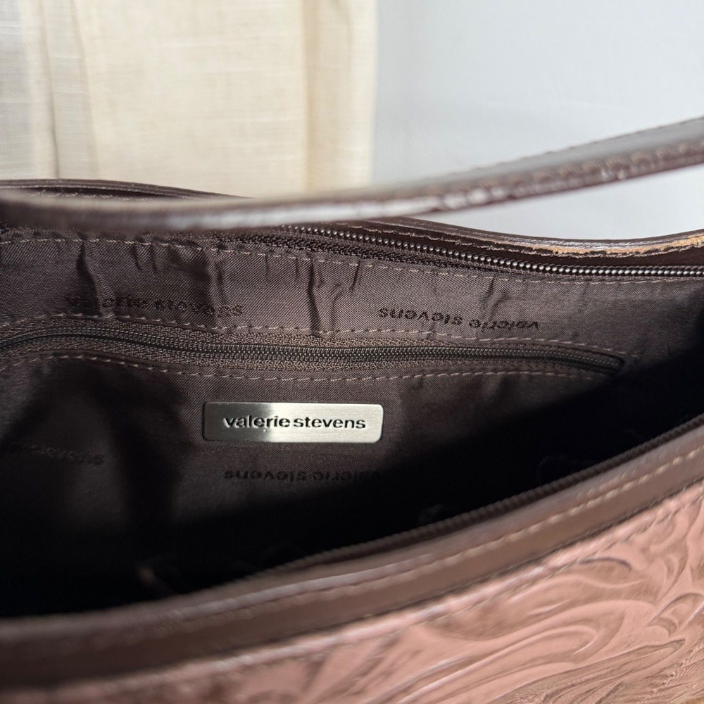 Vintage Valerie Stevens Baguette Purse Floral Embossed Tooled Leather Brown - Picture 7 of 10